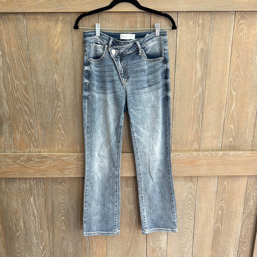 Risen Denim Boot Cut Jeans - Mid-Rise Cross Over Straight Leg
